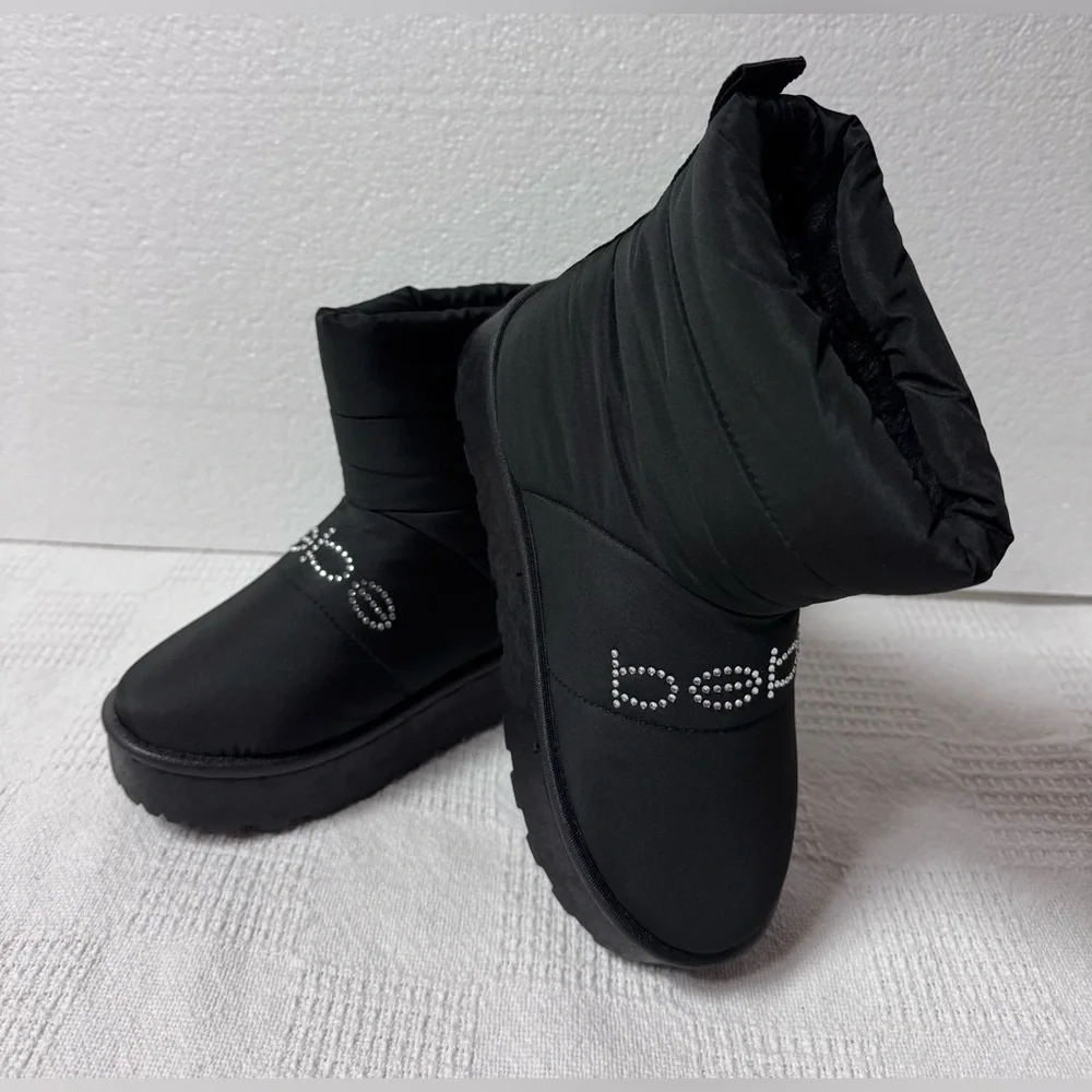bebe Girls Black Puffer Winter Boots with Crystal Logo Sizes 1-2-3